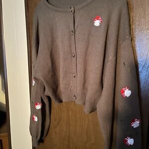 Mushrooms Button-Up cardigan Sweater with Red Accents large